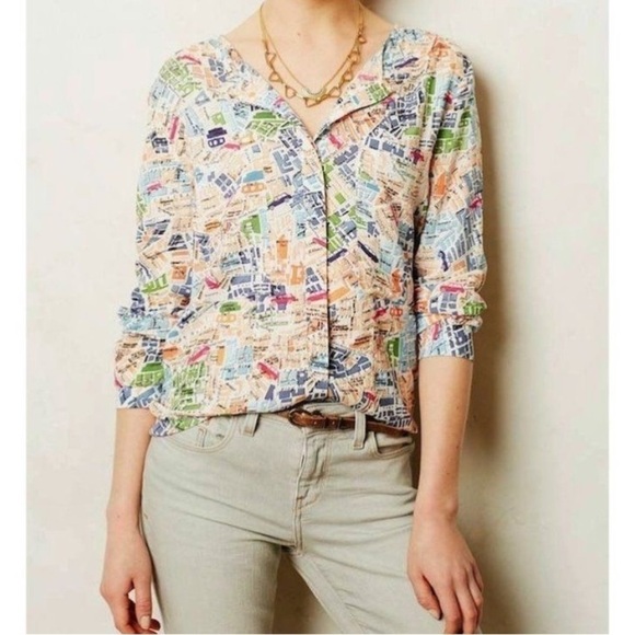 Anthropologie Maeve Cartography London Street Map Print Buttoned High-Low Top - Picture 1 of 13